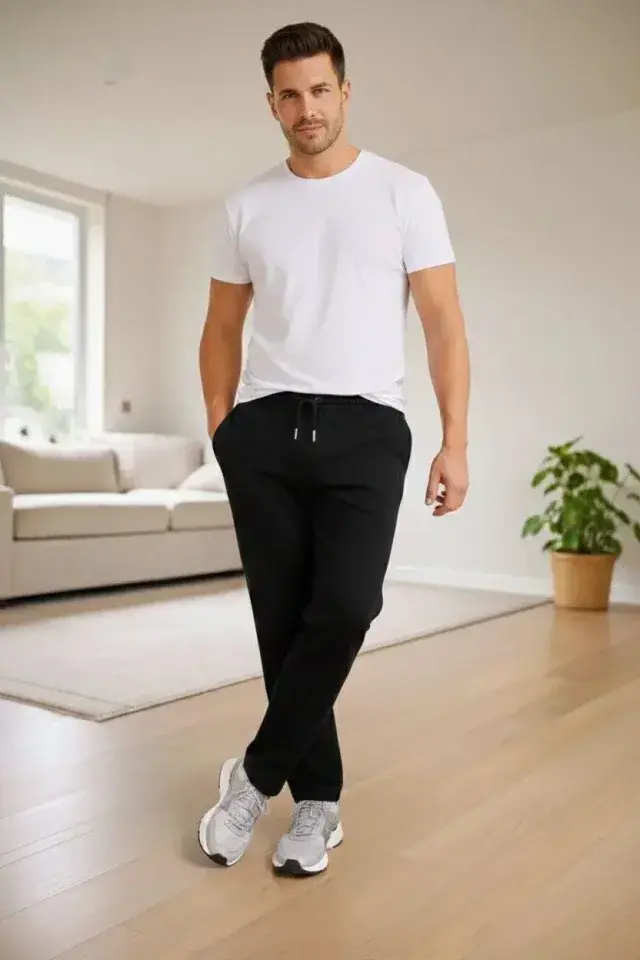 Erkek Düz Paça Beli Lastikli İpli Günlük Spor Eşofman Altı Rahat Fit - Siyah