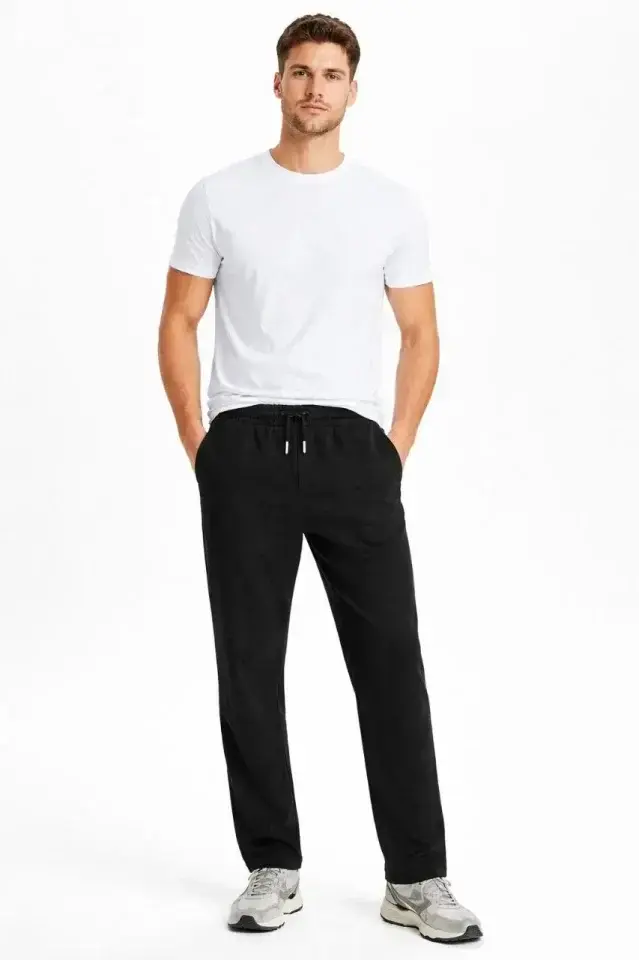 Erkek Düz Paça Beli Lastikli İpli Günlük Spor Eşofman Altı Rahat Fit - Siyah