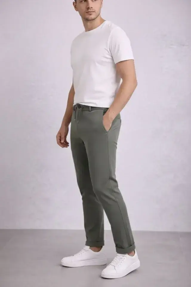 Erkek Diagonel Mikro Dokulu Duble Paça Cepli Pantolon Bağcıklı Bel, Modern Kesim - Haki