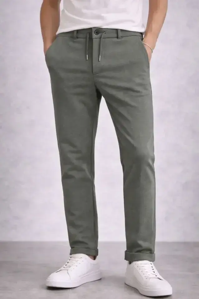 Erkek Diagonel Mikro Dokulu Duble Paça Cepli Pantolon Bağcıklı Bel, Modern Kesim - Haki