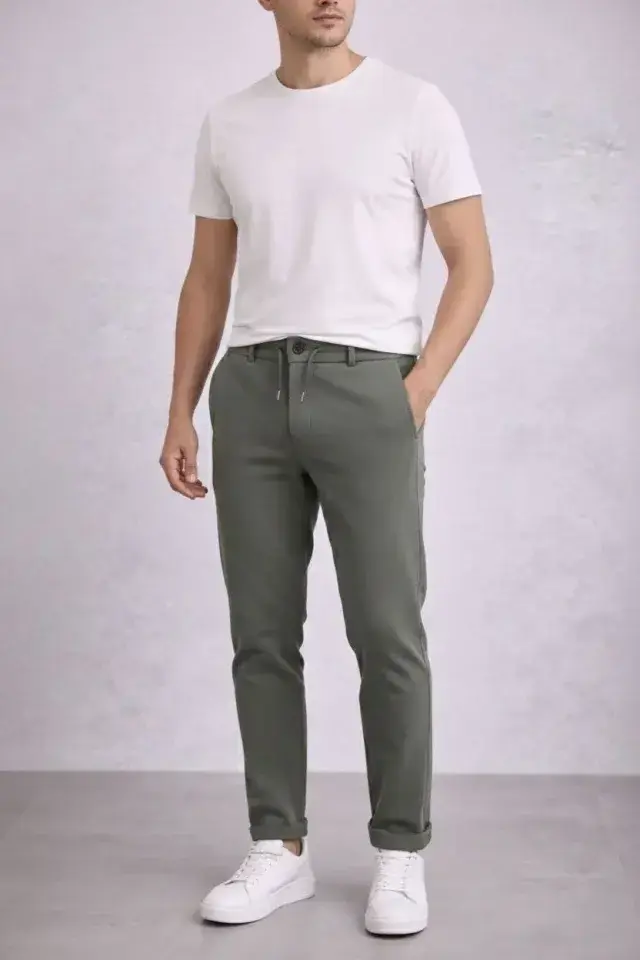 Erkek Diagonel Mikro Dokulu Duble Paça Cepli Pantolon Bağcıklı Bel, Modern Kesim - Haki