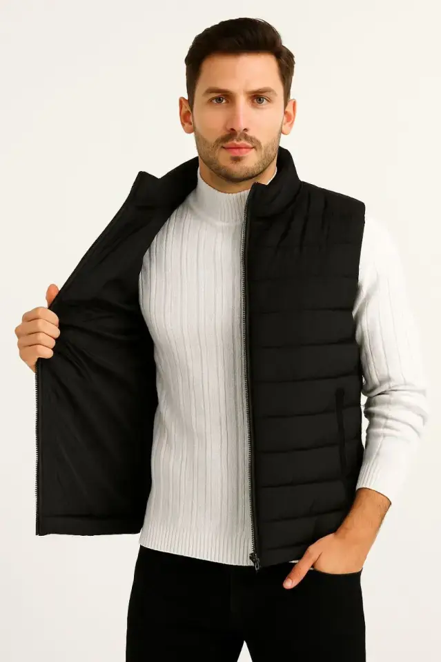 Erkek Şişme Fermuarlı Yelek Su Itici Kapitone Astarlı Kumaş Cepli Hafif Kışlık Spor Rahat Kalıp - Siyah