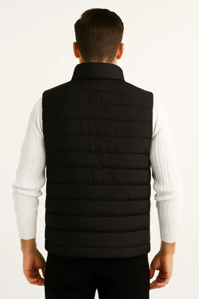 Erkek Şişme Fermuarlı Yelek Su Itici Kapitone Astarlı Kumaş Cepli Hafif Kışlık Spor Rahat Kalıp - Siyah