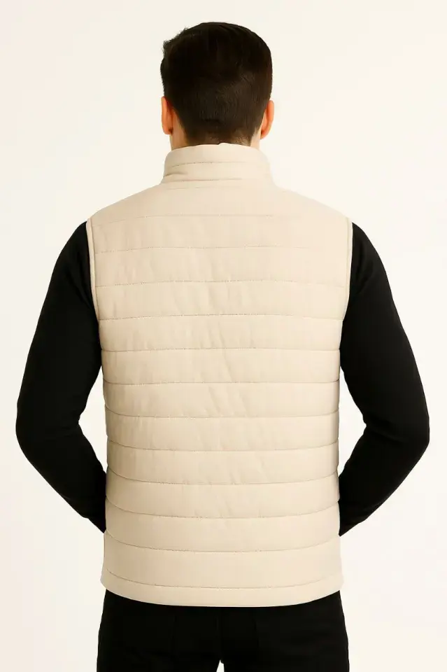 Erkek Şişme Fermuarlı Yelek Su Itici Kapitone Astarlı Kumaş Cepli Hafif Kışlık Spor Rahat Kalıp -Bej