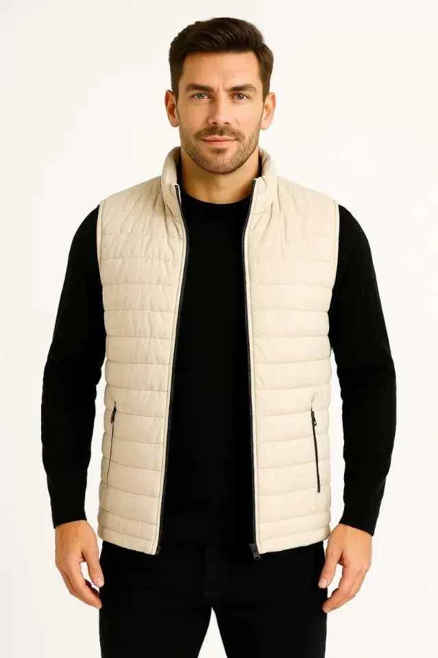 Erkek Şişme Fermuarlı Yelek Su Itici Kapitone Astarlı Kumaş Cepli Hafif Kışlık Spor Rahat Kalıp -Bej