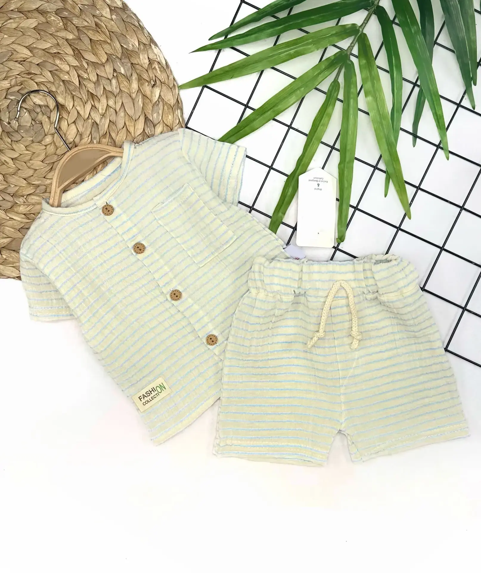 9-12-18-24 Ay Düğme Detaylı Çizgili Müslin Kumaş Yazlık 2li Erkek Bebek Takımı